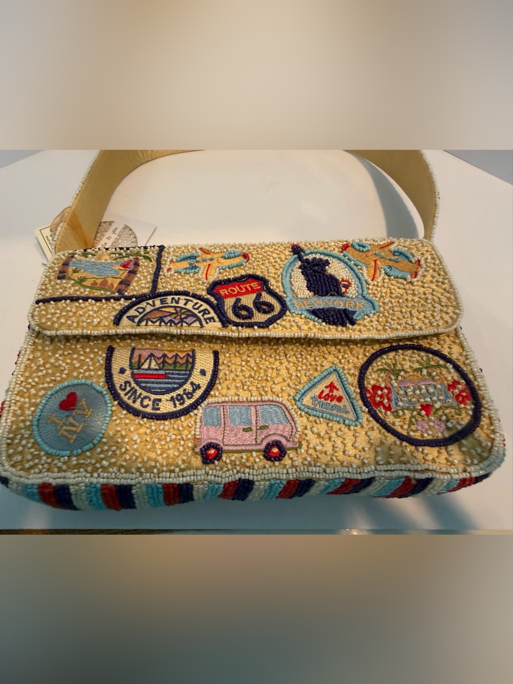 * VIRAL NEW RELEASE Beaded Travel Themed Shoulder Bag with Striped Trim